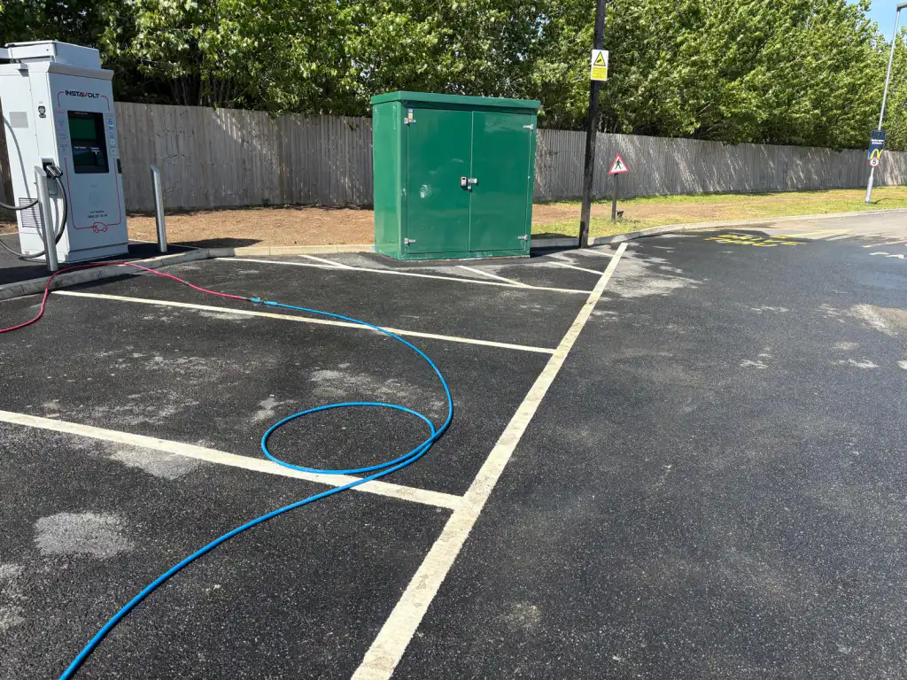 New bay lines marked on freshly cleaned tarmac