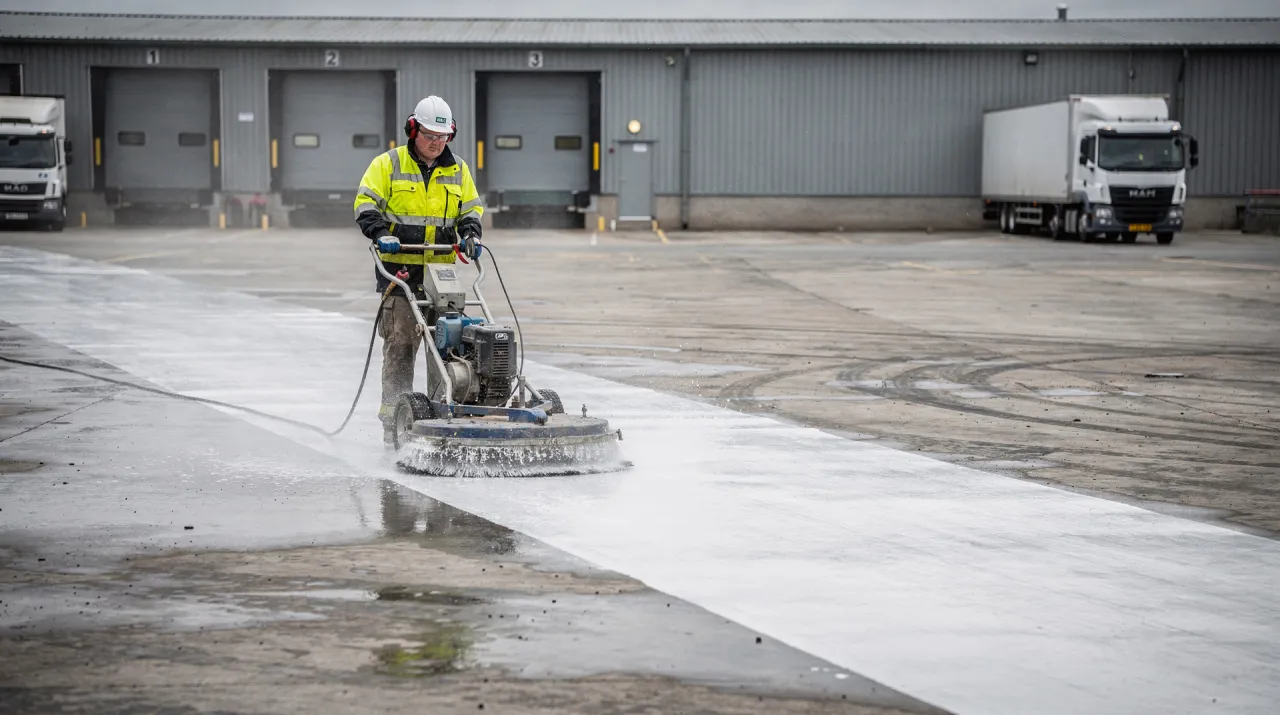 An operative in hi-vis working a rotary surface cleaner across a commercial service yard, a cleaned band of pale concrete against surrounding grime