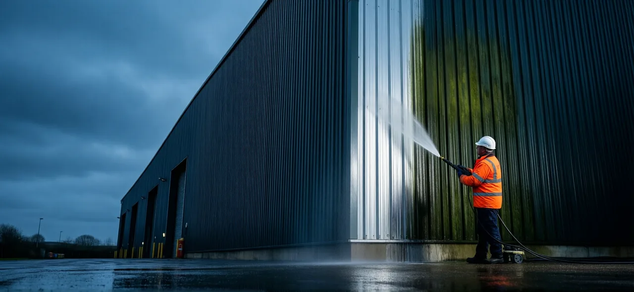 Operative pressure washing algae-stained metal cladding on an industrial unit, showing the cleaned panel alongside the soiled panels