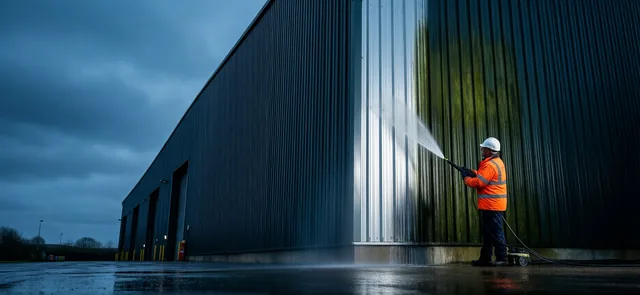 Operative pressure washing algae-stained metal cladding on an industrial unit, showing the cleaned panel alongside the soiled panels