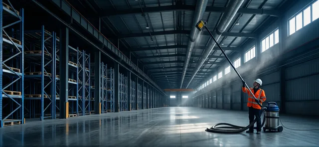 Operative using a high-reach vacuum pole to clean high-level ductwork and roof steelwork inside a warehouse